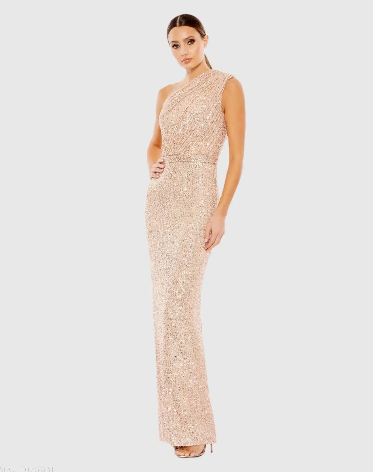 Mac Duggal Gold Champagne Sequined One Shoulder Formal Gown Size 10